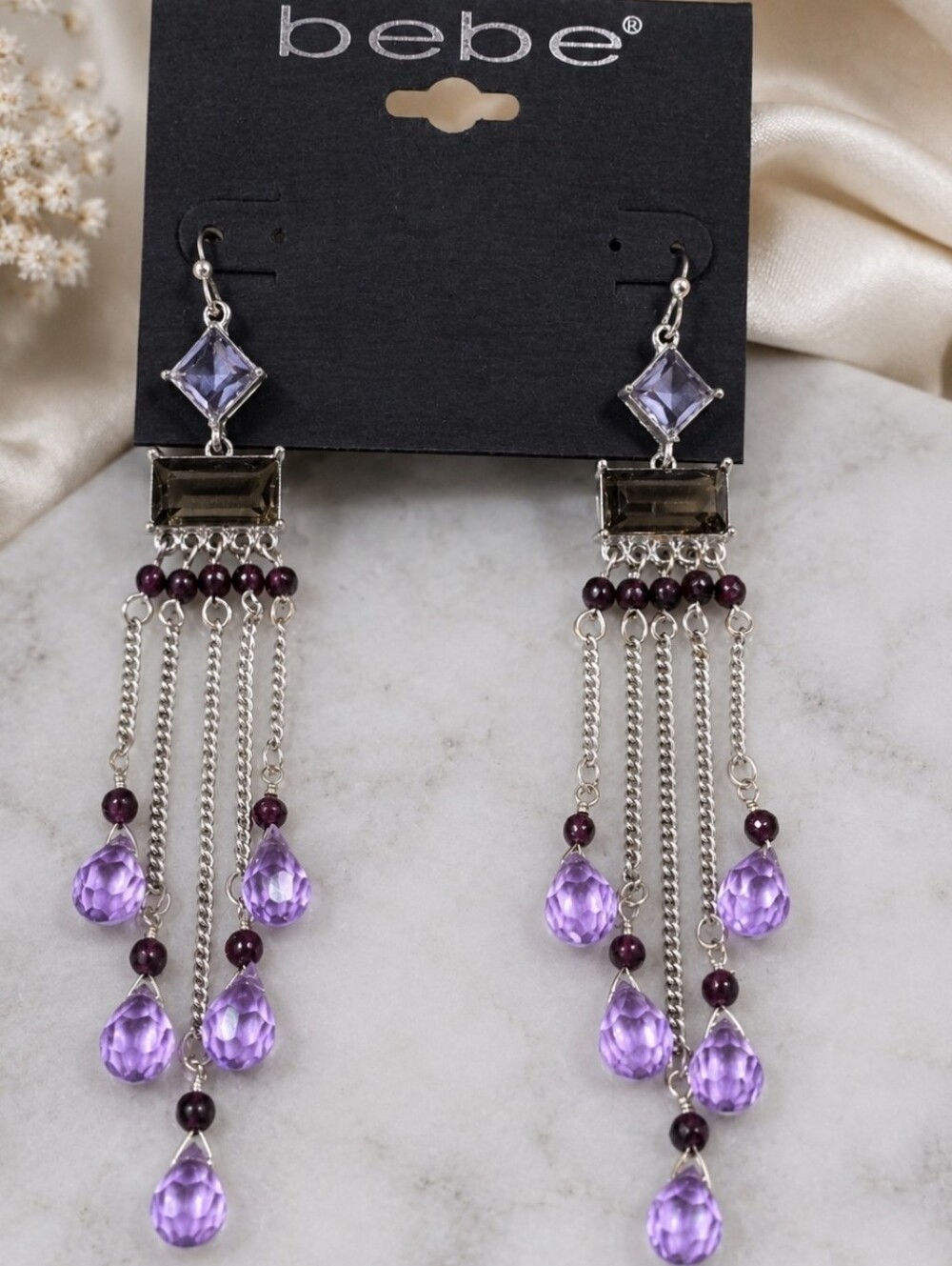 VINTAGE Y2K BEBE PURPLE CRYSTAL CHANDELIER EARRINGS